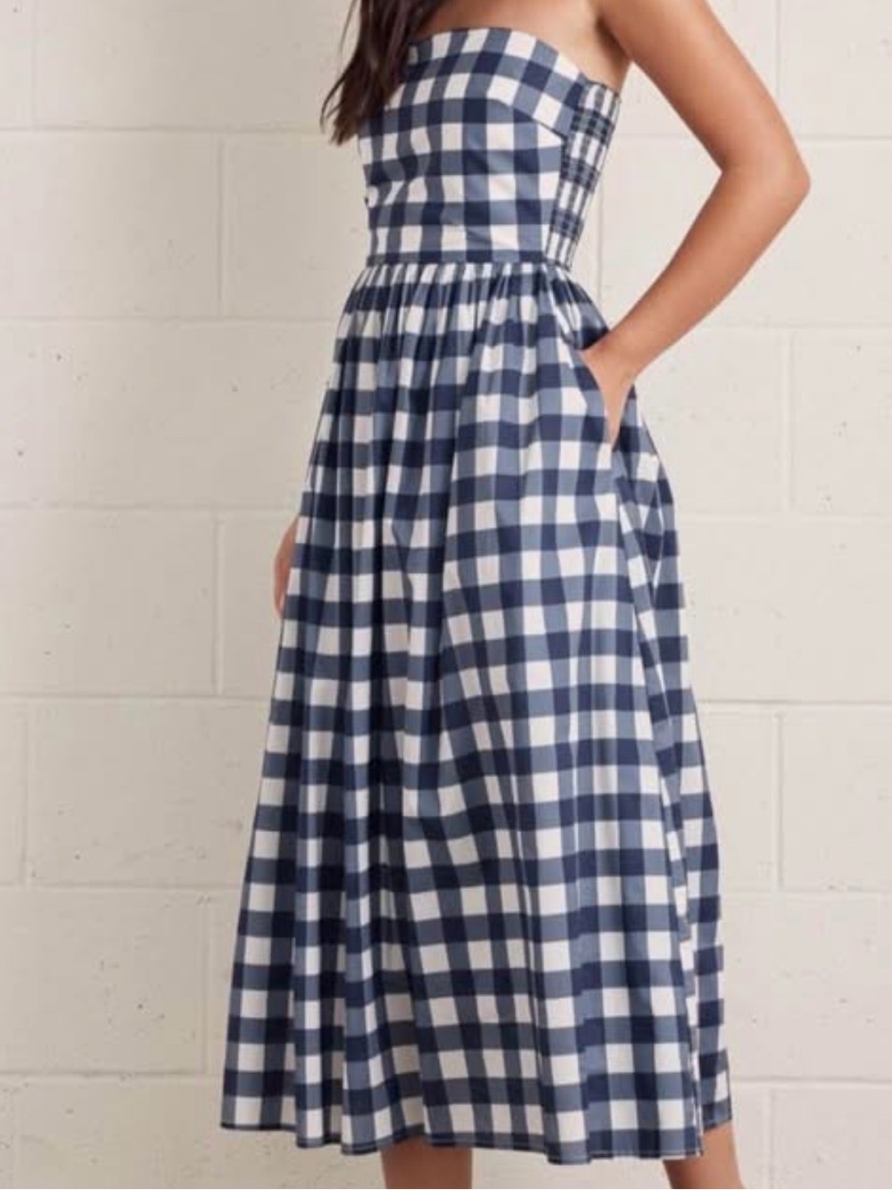 💙LOVE! NWT Navy Gingham Summer Cotton Smocked Strapless Midi Tuckernuck S M L